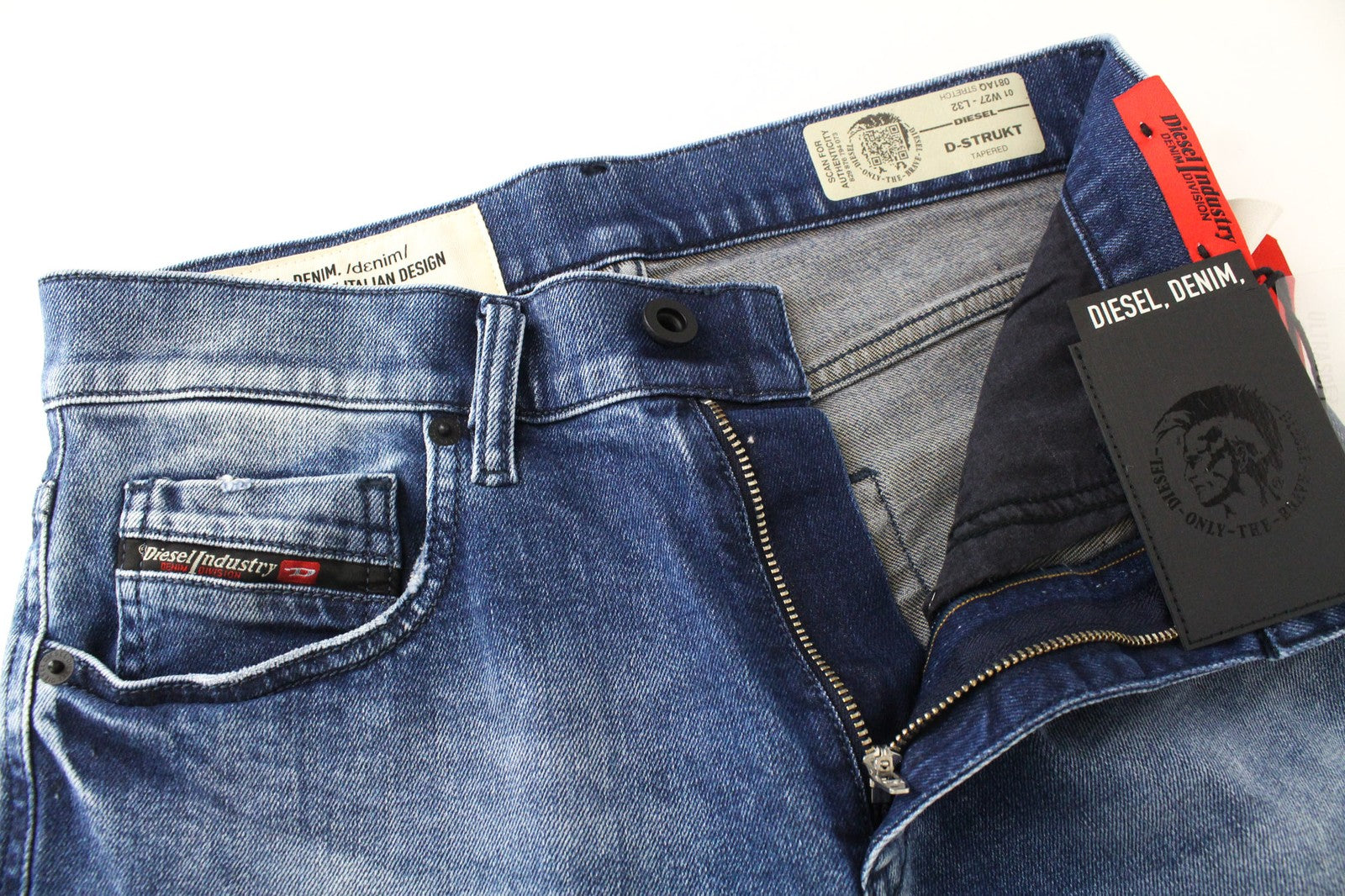 DIESEL D-Strukt 081AQ Men's W27/L32 Ripped Tapered Blue Cotton Stretch Jeans