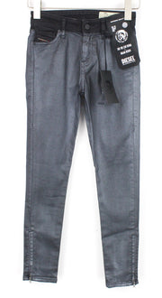 DIESEL Slandy-Zip 069GF Women's W24/L30 Coated Black Super Skinny Stretch Jeans