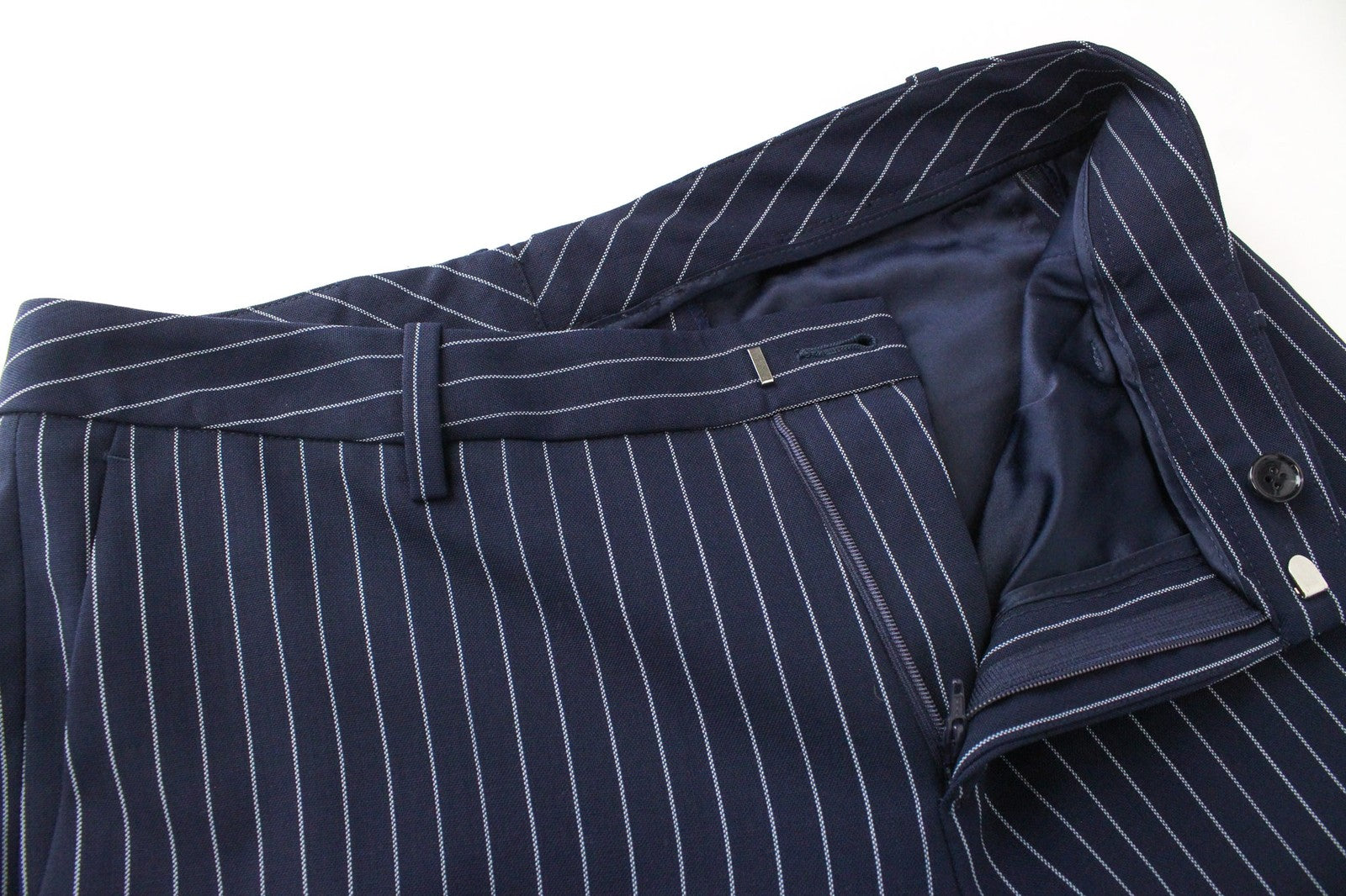 SUISTUDIO Oakley Women's Pants UK12S Navy Striped Pure Wool Pleated Trousers