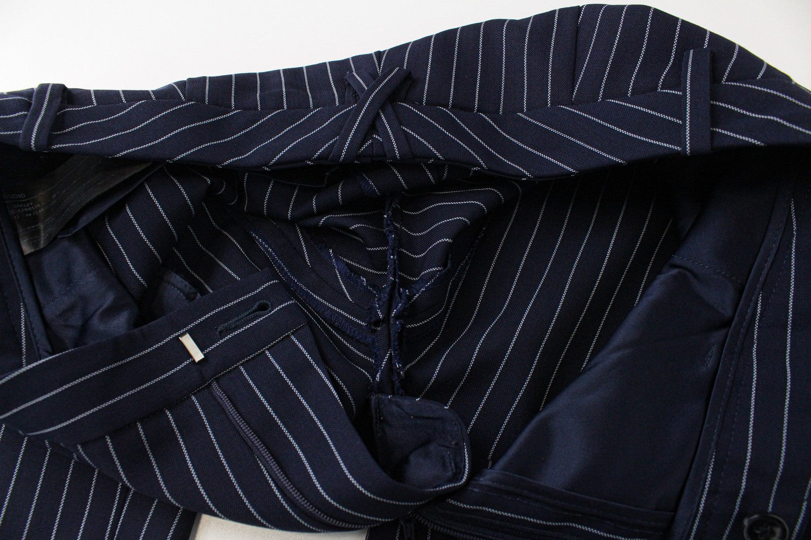 SUISTUDIO Oakley Women's Pants UK12S Navy Striped Pure Wool Pleated Trousers