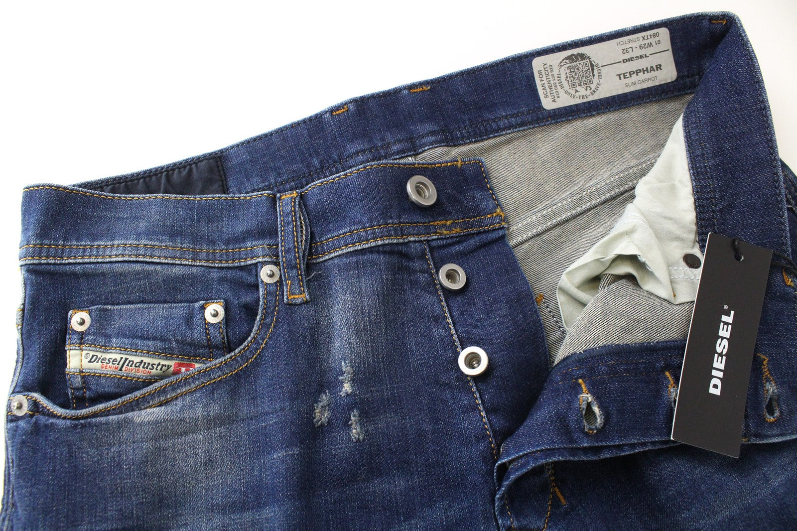 DIESEL Tepphar 084TX Men's W29/L32 Ripped Slim Carrot Cotton Stretch Blue