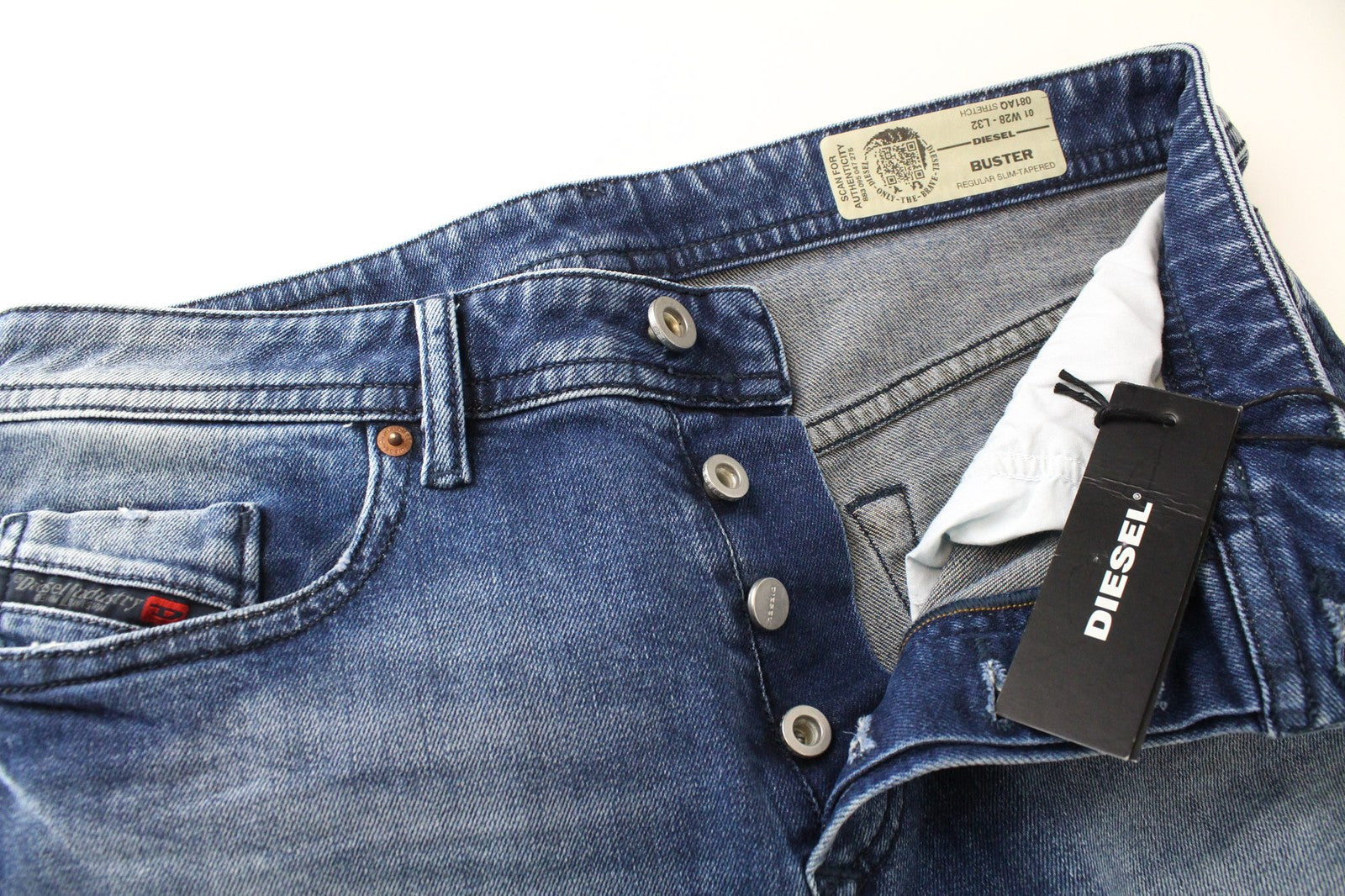 DIESEL Buster 081AQ Men's W28/L32 Blue Slim Taper Ripped Cotton Stretch Jeans