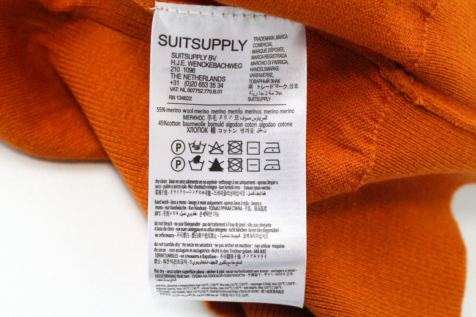 SUITSUPPLY Men's T-Shirt S Orange Short Sleeve Merino Wool Cotton Round Neck