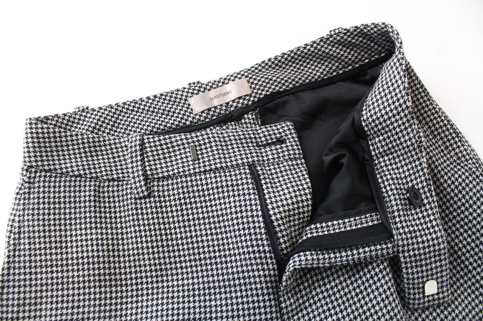 SUISTUDIO Grey Women Trousers UK8R Wool Silk Linen Slim Fit Grey Houndstooth