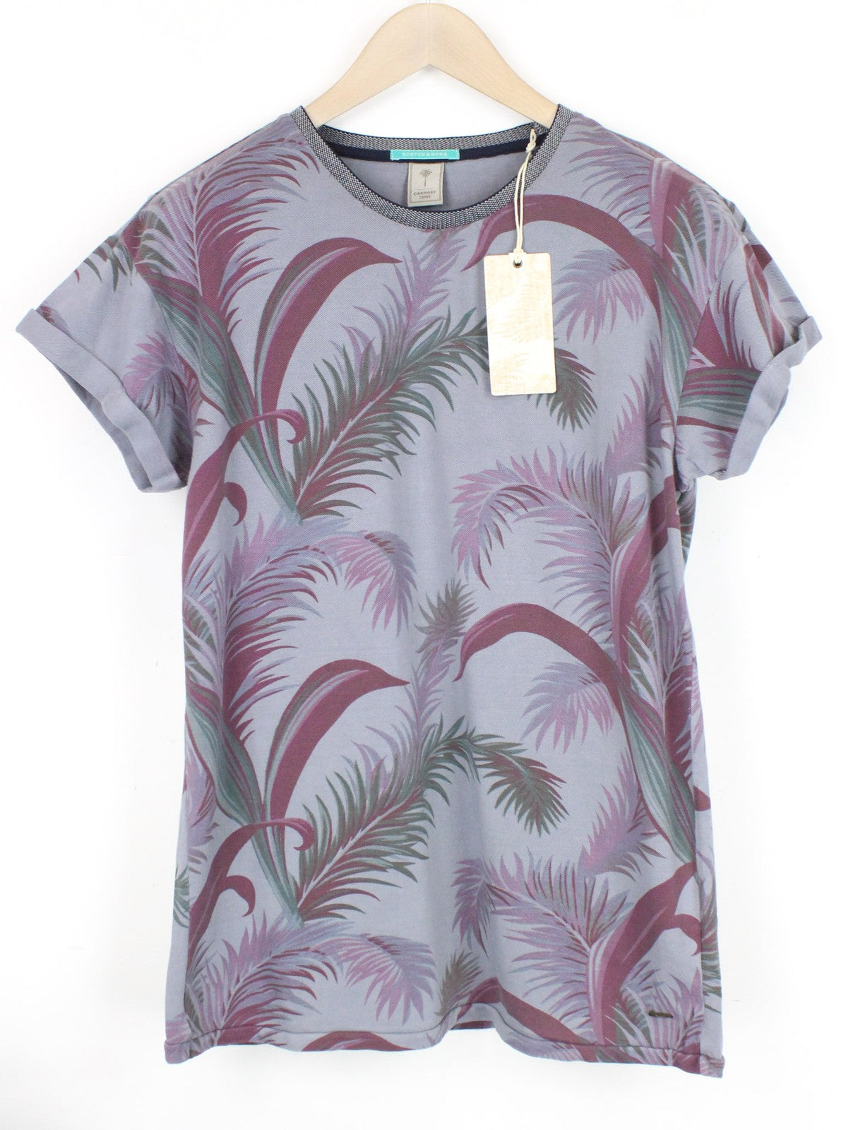 SCOTCH & SODA Men T-Shirt ~S/M Grey Bluish Leaf Pattern Short Sleeved Twill