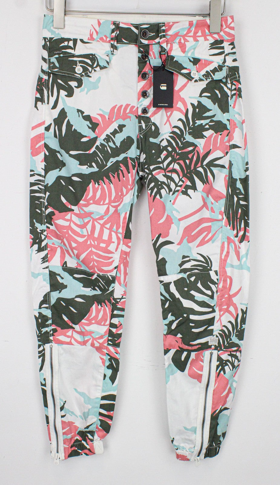 G-STAR RAW Army-S Women Trousers W23/L34 White Cotton Tapered Fit Leaf Print