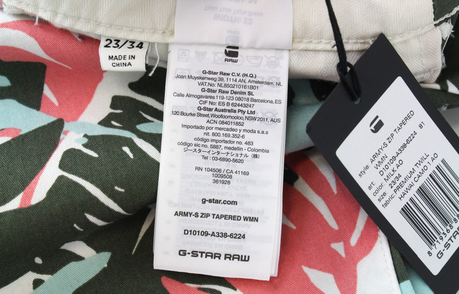 G-STAR RAW Army-S Women Trousers W23/L34 White Cotton Tapered Fit Leaf Print