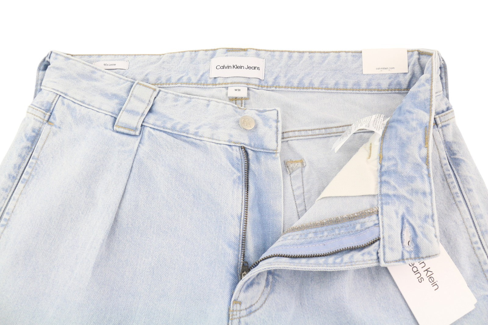 CALVIN KLEIN 90s Loose Men Jeans W31 Light Blue Washed Faded Pleated Zip Denim