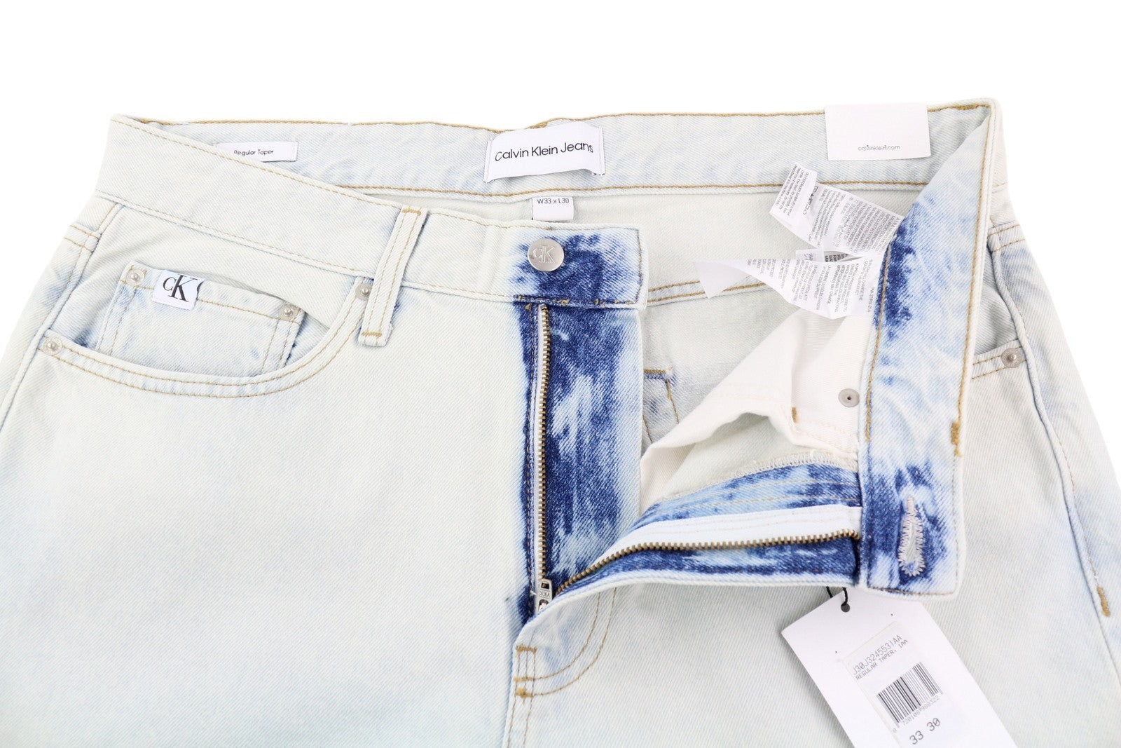 CALVIN KLEIN Regular Taper vyriški džinsai W33/L30 šviesiai mėlyni skalbto džinso užtrauktuku 