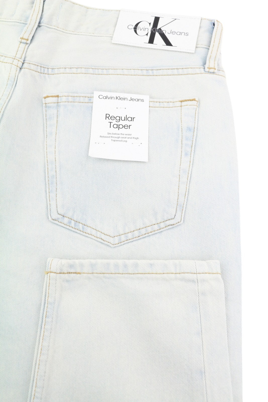 CALVIN KLEIN Regular Taper vyriški džinsai W33/L30 šviesiai mėlyni skalbto džinso užtrauktuku 