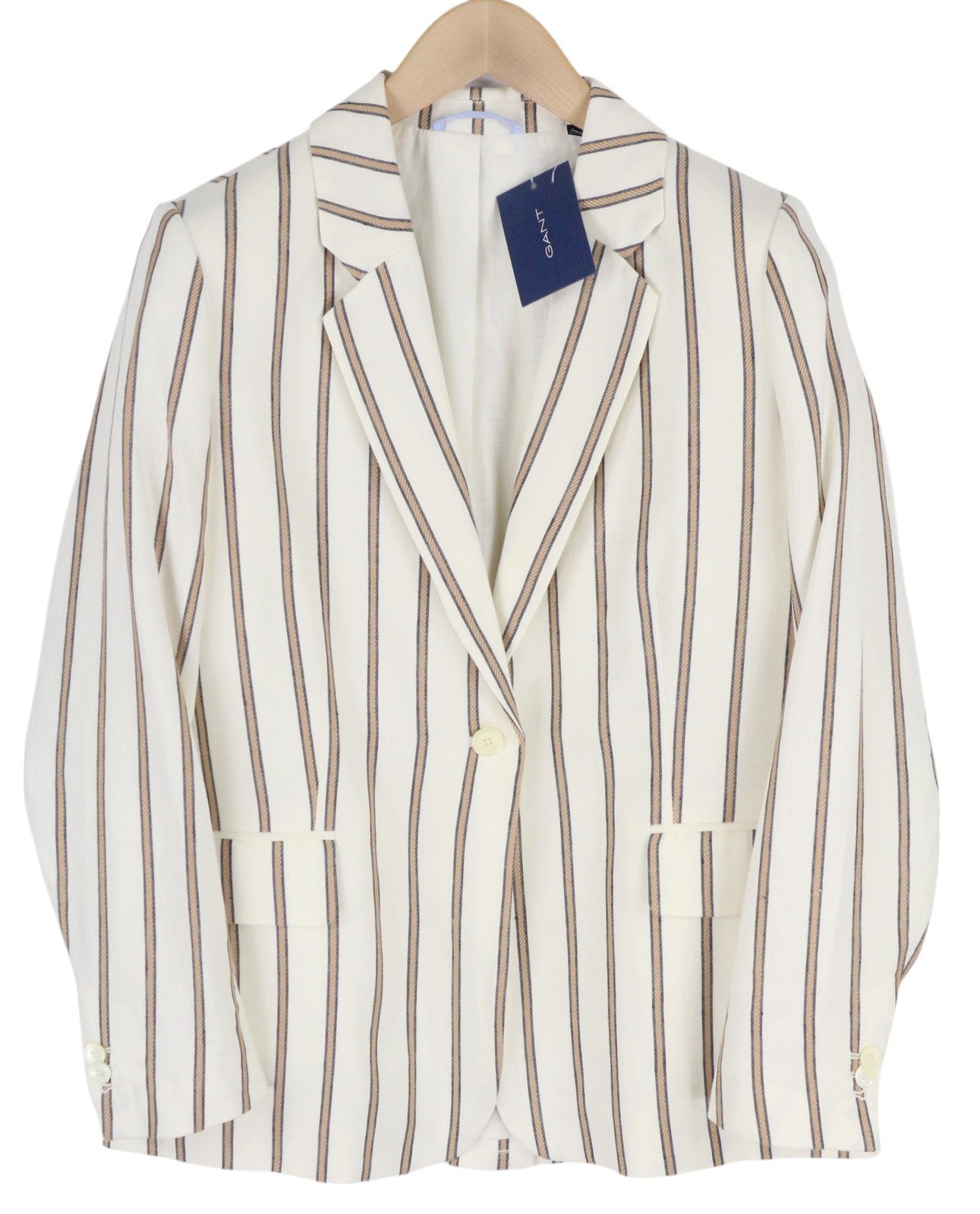 GANT Stripe Linen Straight Women Blazer EU40 Off-White Linen Blend Notch Lapel