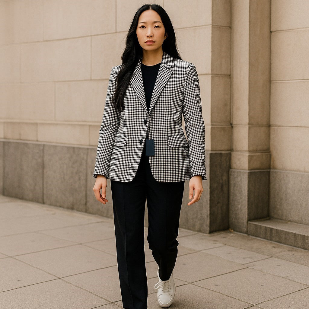 GANT Gingham Stretch Regular Women Blazer EU38 Blue Plaid Single-Breasted Notch