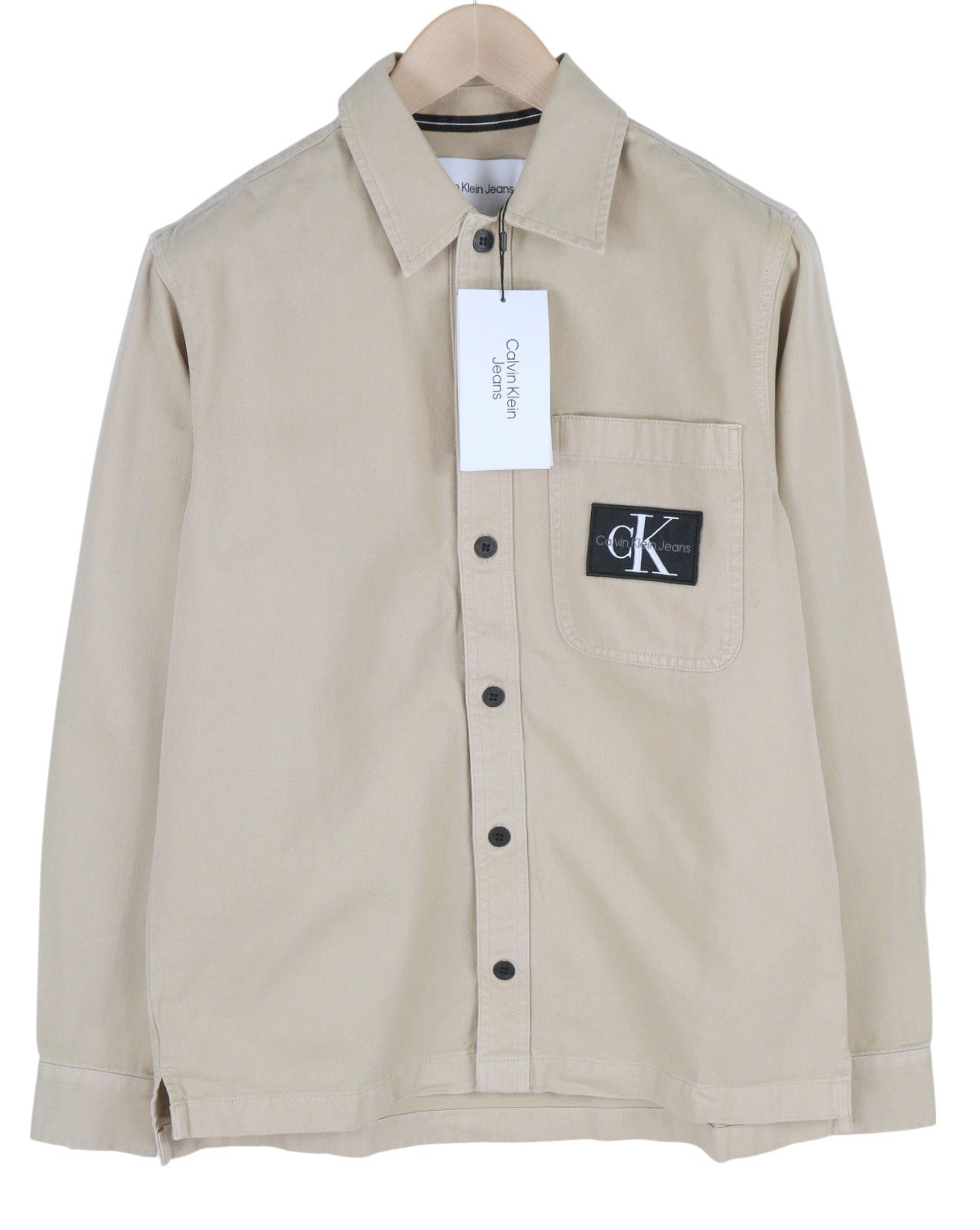 CALVIN KLEIN Men Shirt S Beige Relaxed Fit Button Logo Patch Pocket Overshirt