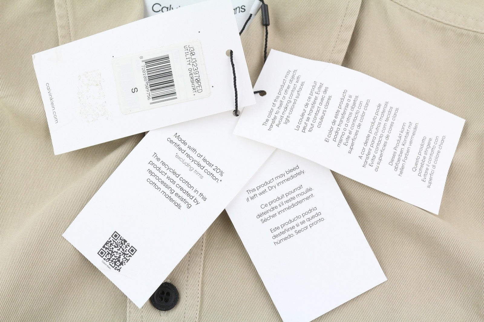 CALVIN KLEIN Men Shirt S Beige Relaxed Fit Button Logo Patch Pocket Overshirt