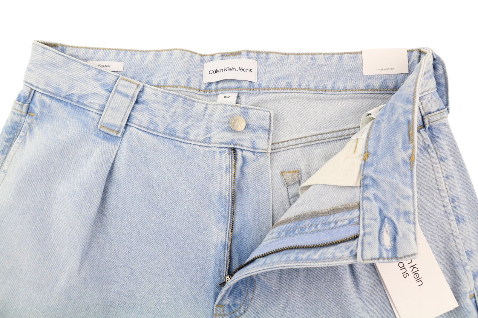 CALVIN KLEIN 90s Loose Men Jeans W32 Light Blue Washed Faded Pleated Zip Denim