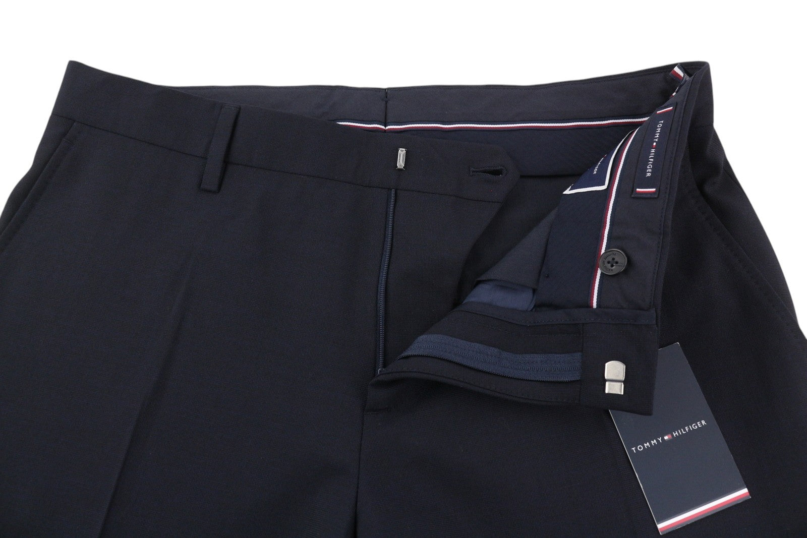 TOMMY HILFIGER Men Trousers 48 Dark Blue THFlex Wool Blend Slim Fit Flat Front