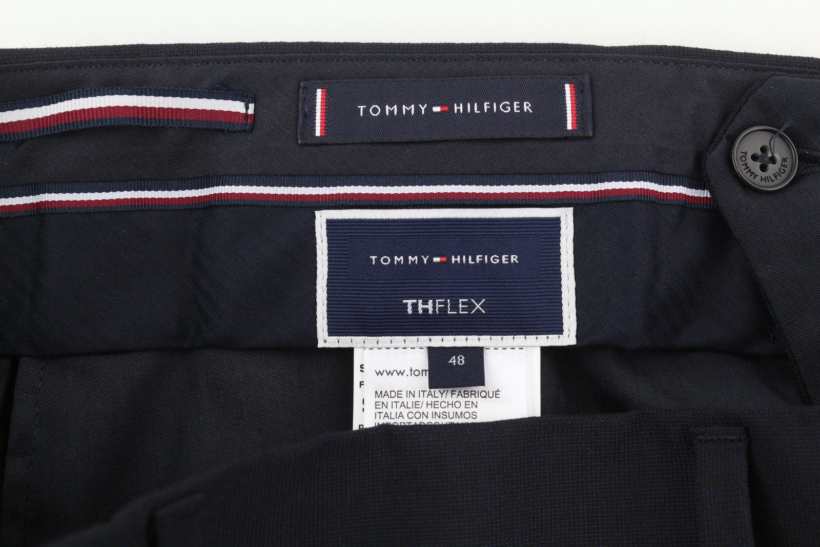TOMMY HILFIGER Men Trousers 48 Dark Blue THFlex Wool Blend Slim Fit Flat Front
