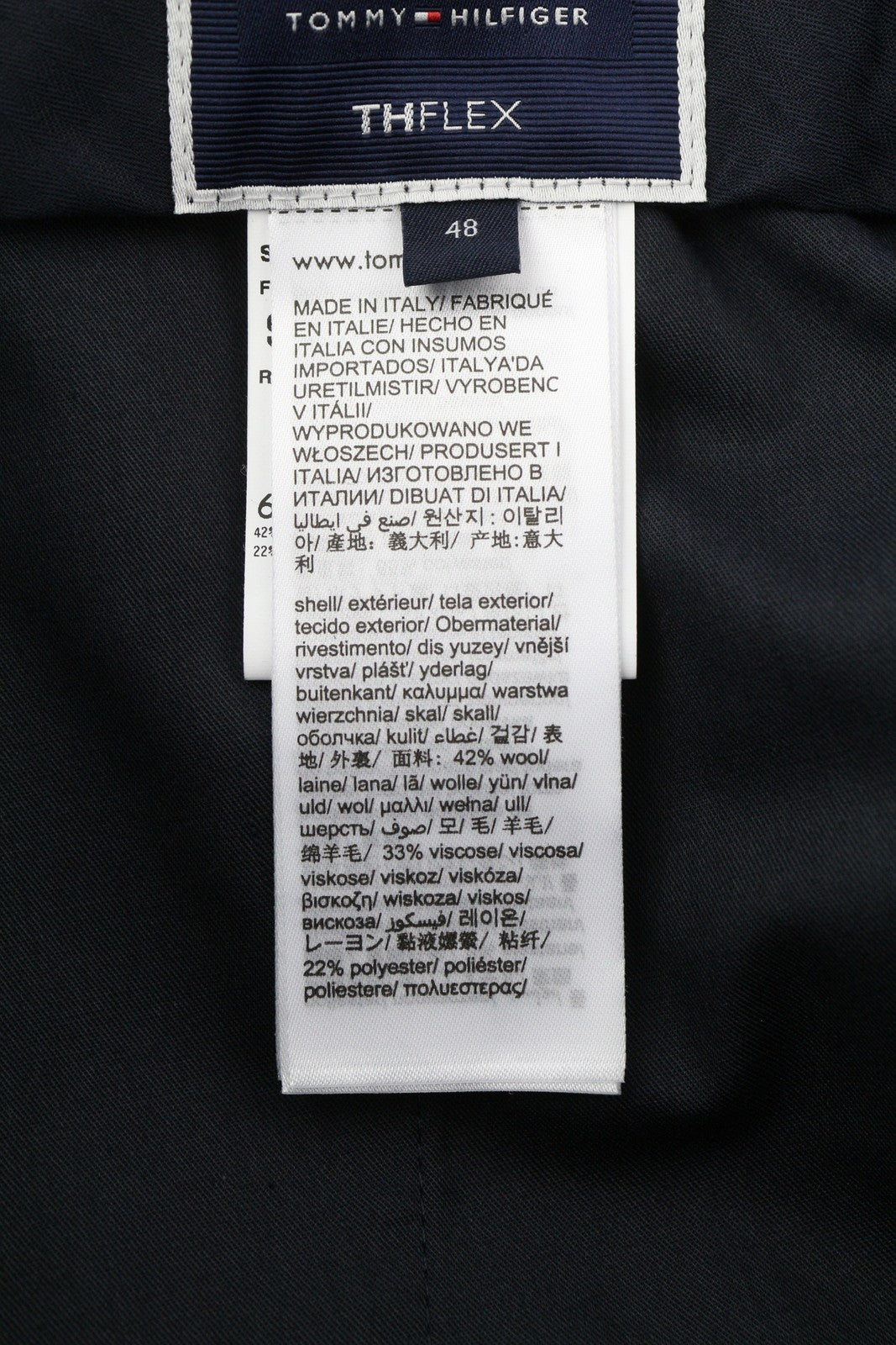 TOMMY HILFIGER Men Trousers 48 Dark Blue THFlex Wool Blend Slim Fit Flat Front