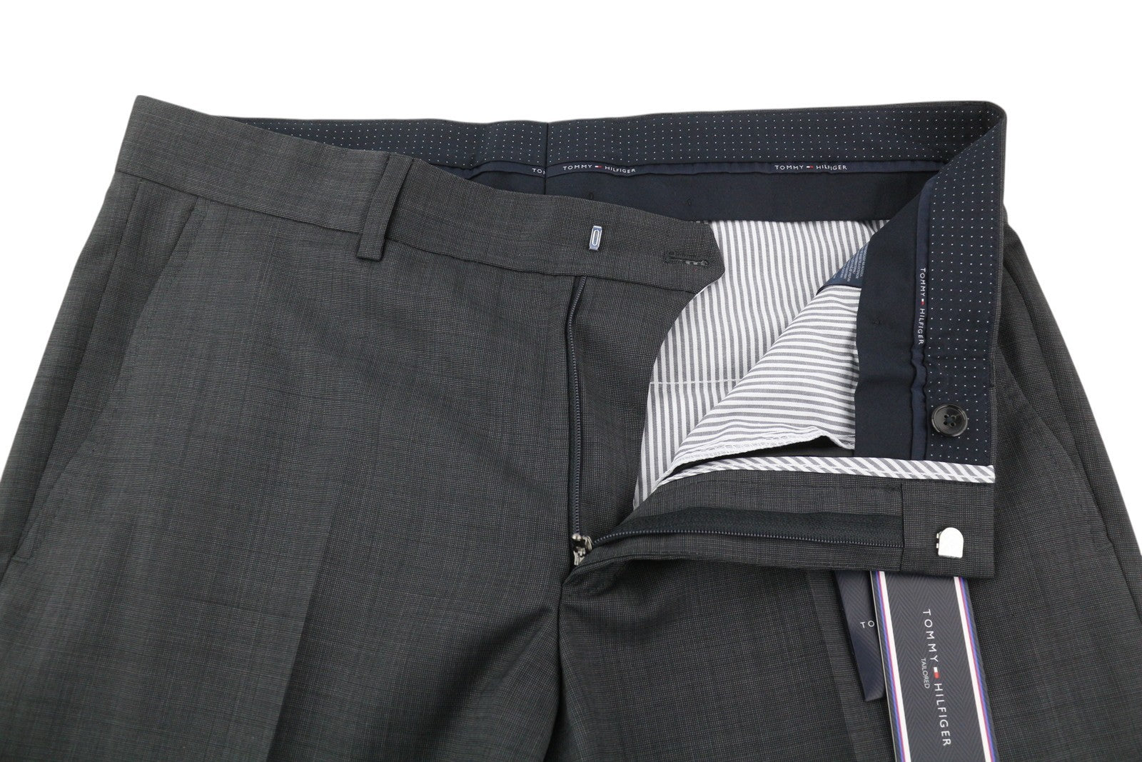 TOMMY HILFIGER Rhames Men Trousers 94 Long Grey Wool Patterned Tapered Fit Flat