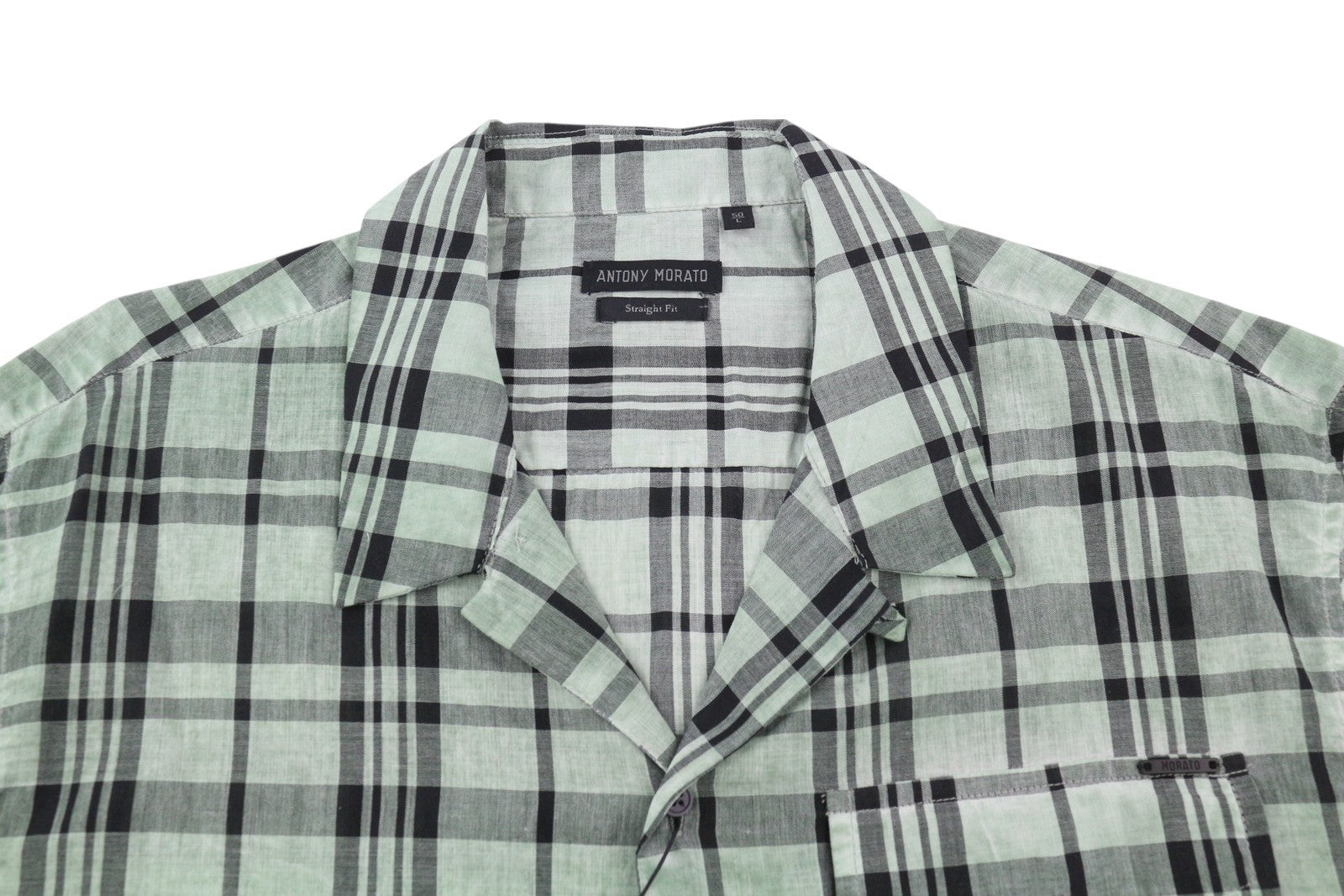 ANTONY MORATO Straight Fit Men Shirt L Green Plaid Notch Button-Up Short Sleeved