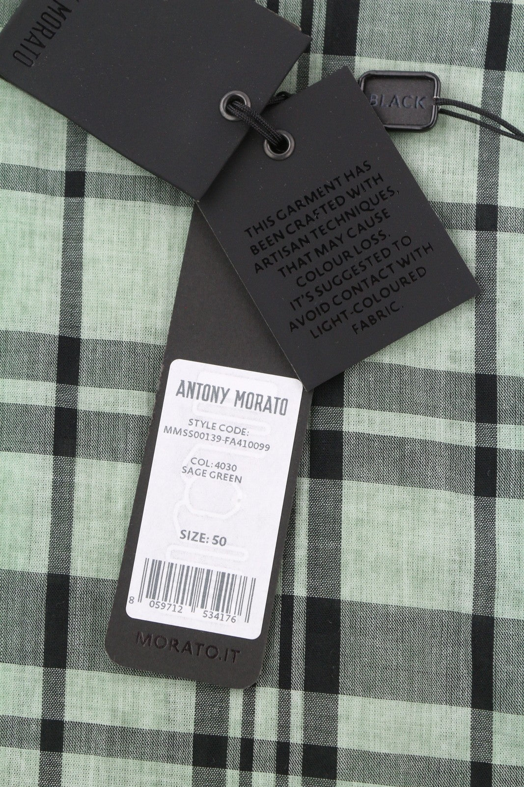 ANTONY MORATO Straight Fit Men Shirt L Green Plaid Notch Button-Up Short Sleeved