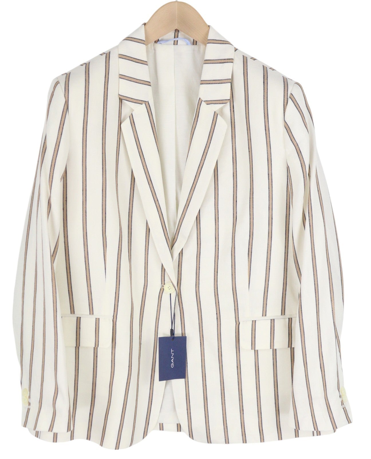 GANT Stripe Linen Straight Women Blazer EU42 Off-White Linen Blend Notch Lapel