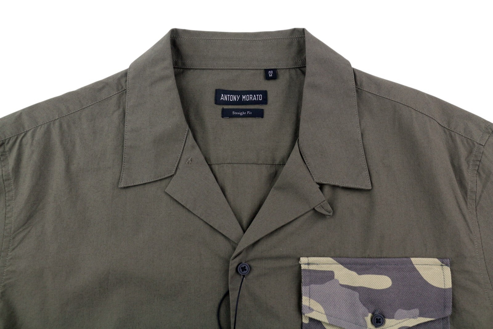 ANTONY MORATO Straight Fit Men Shirt M Army Green Notch Button-Up Short Sleeve