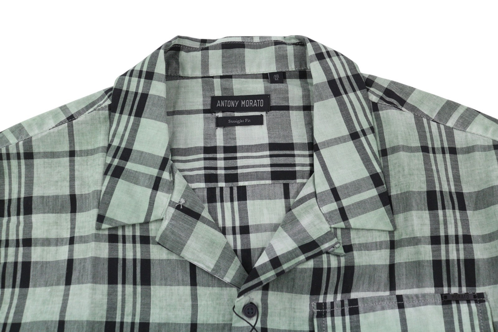 ANTONY MORATO Straight Fit Men Shirt M Green Plaid Notch Button-Up Short Sleeved