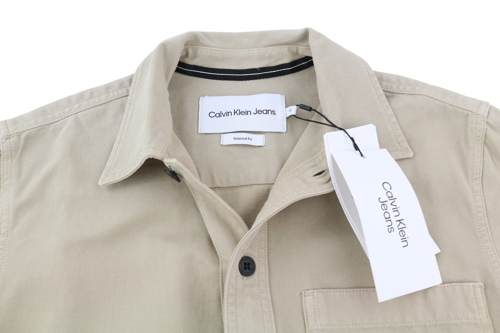 CALVIN KLEIN Men Shirt XS Beige Relaxed Fit Button-Up Patch Pocket Overshirt