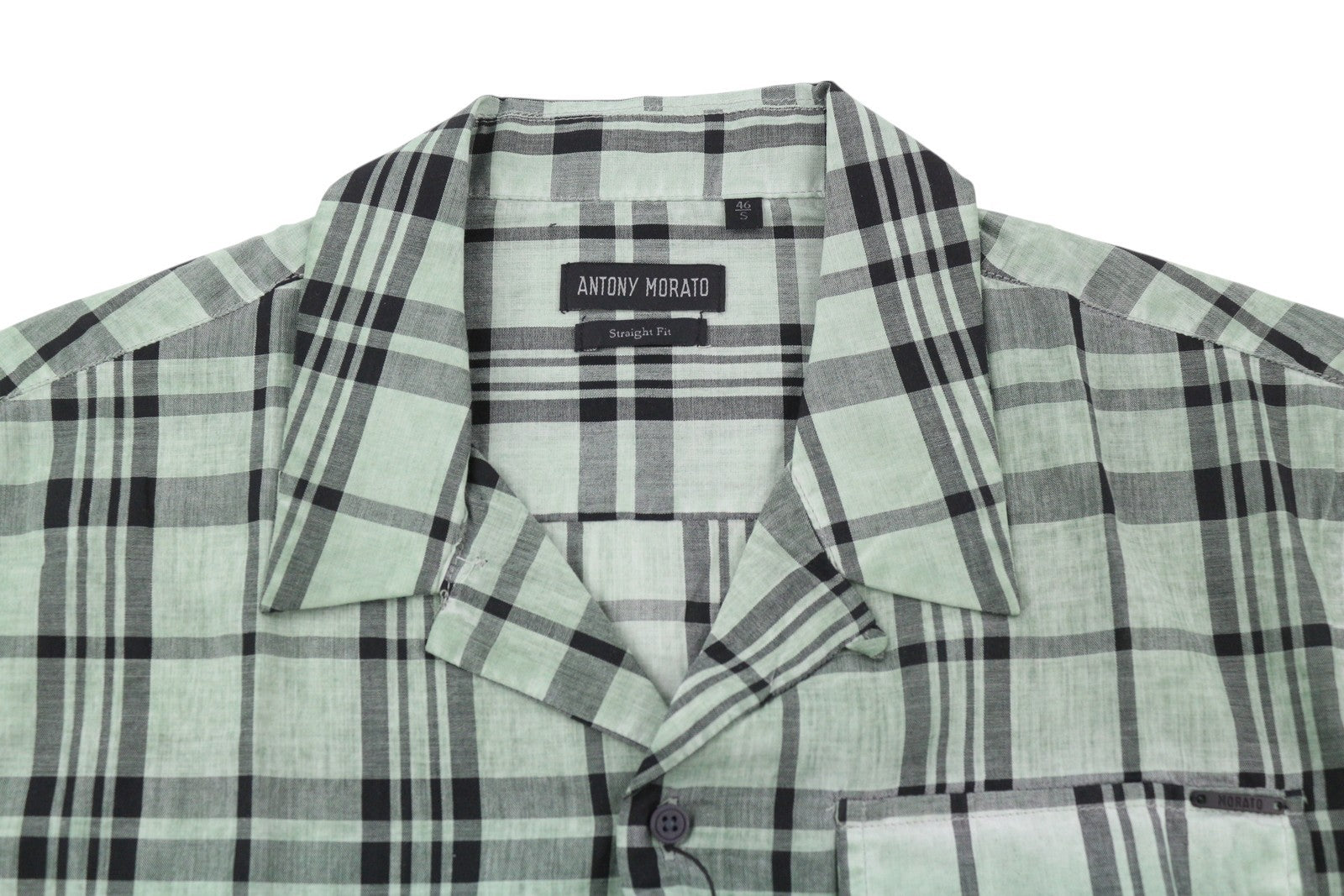 ANTONY MORATO Straight Fit Men Shirt S Green Plaid Notch Button-Up Short Sleeved