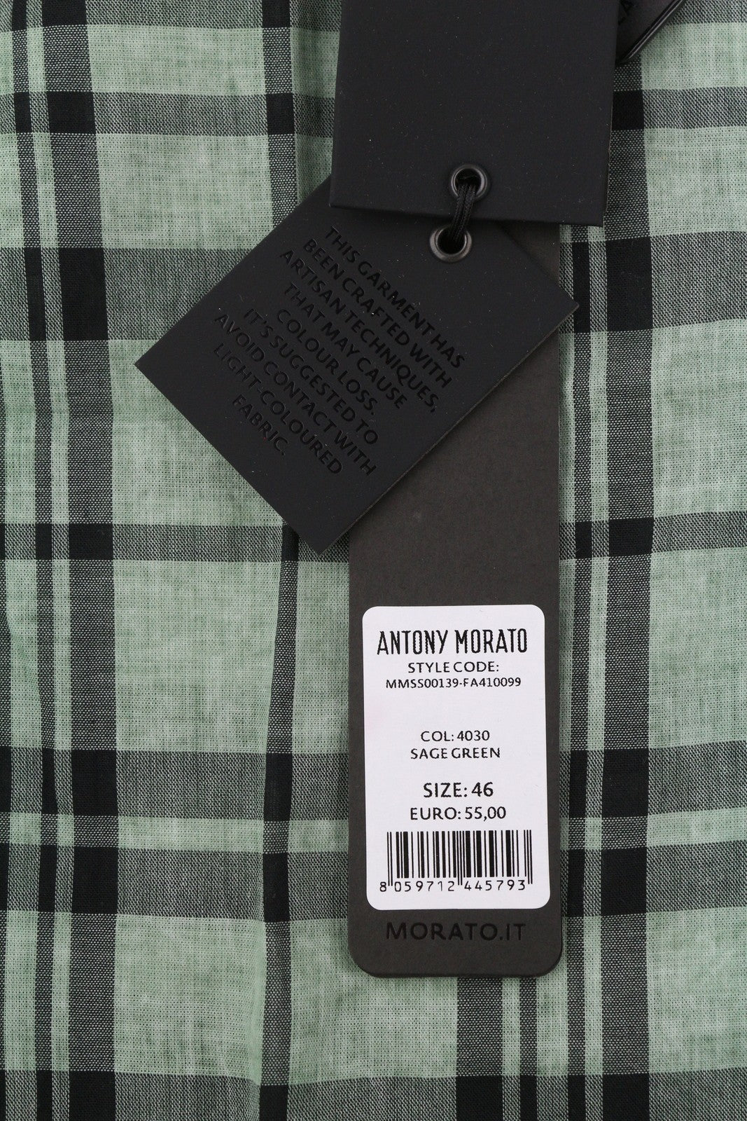 ANTONY MORATO Straight Fit Men Shirt S Green Plaid Notch Button-Up Short Sleeved