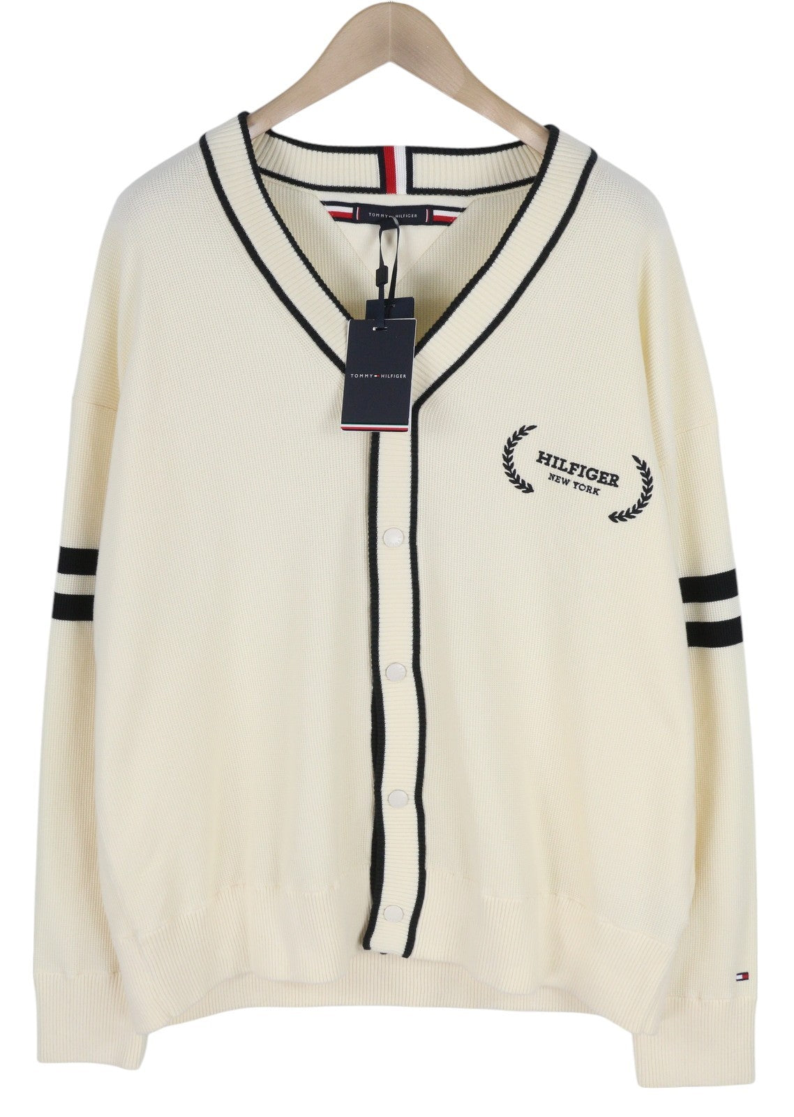 TOMMY HILFIGER Monotype Tipped Men Jumper L Ivory Button-Up Tight-Knit Cardigan