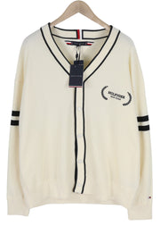 TOMMY HILFIGER Monotype Tipped Men Jumper L Ivory Button-Up Tight-Knit Cardigan