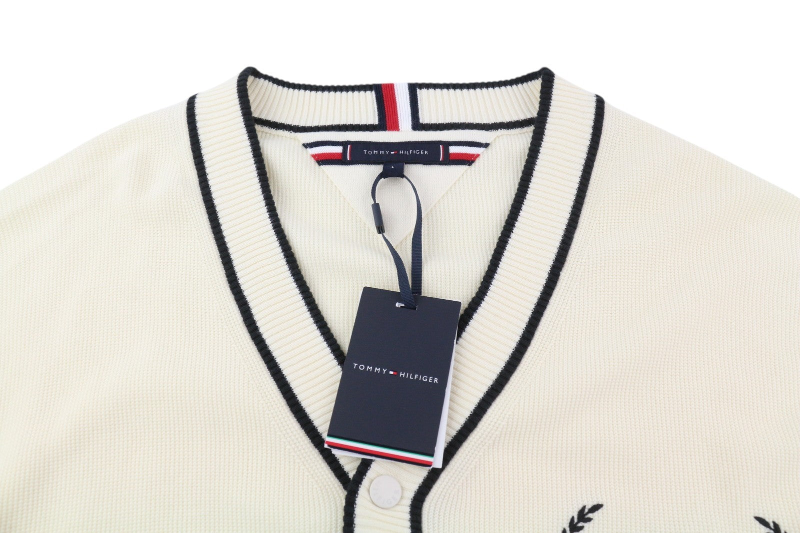 TOMMY HILFIGER Monotype Tipped Men Jumper L Ivory Button-Up Tight-Knit Cardigan