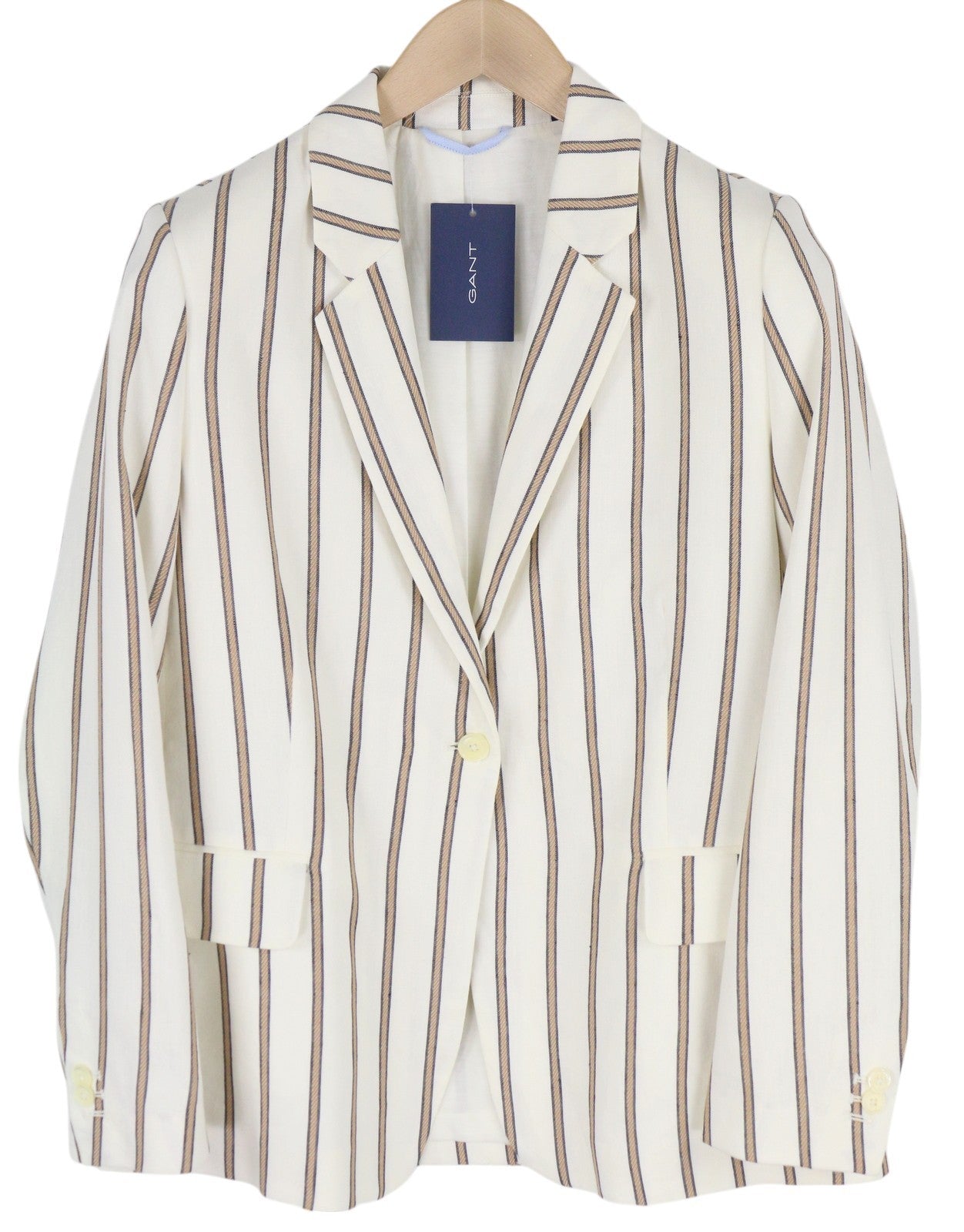 GANT Stripe Linen Straight Women Blazer EU36 Off-White Linen Blend Notch Lapel