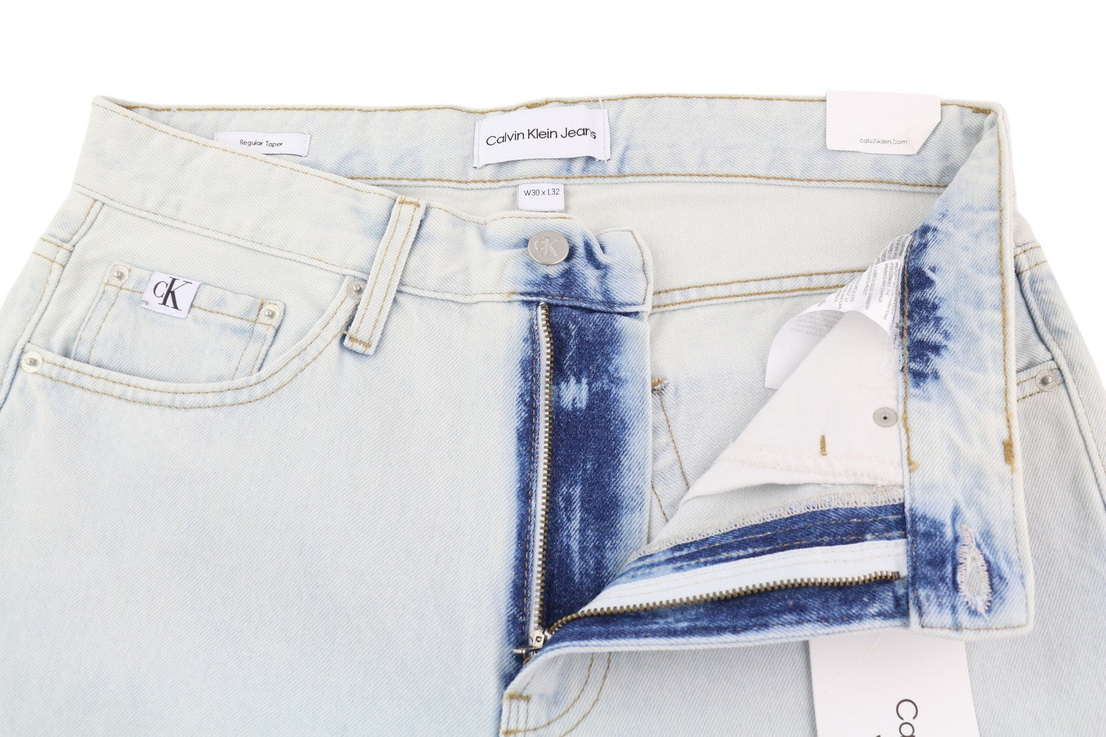 CALVIN KLEIN Regular Taper vyriški džinsai W30/L32 šviesiai mėlyni skalbto džinso užtrauktuku 