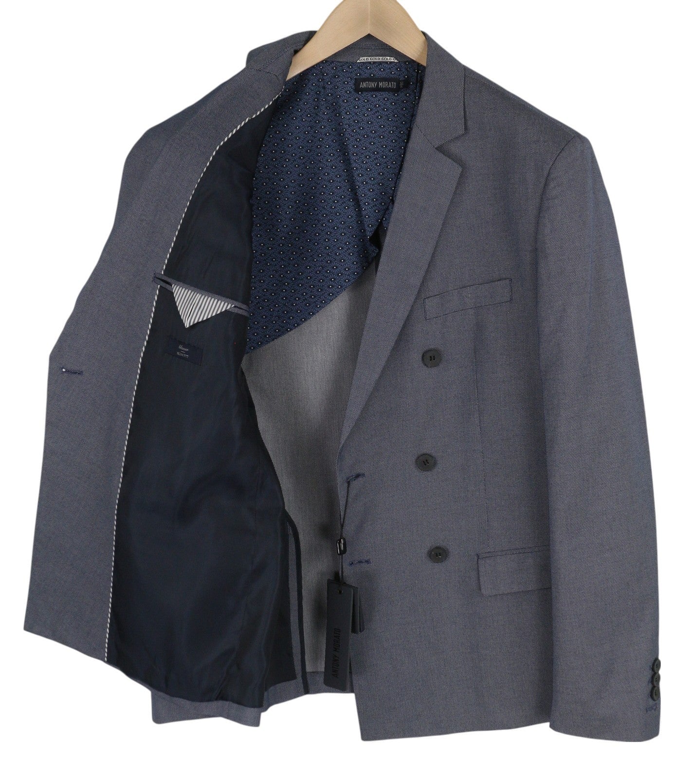 ANTONY MORATO Men Blazer XL Blue Double-Breasted Notch Lapel Slim Patterned