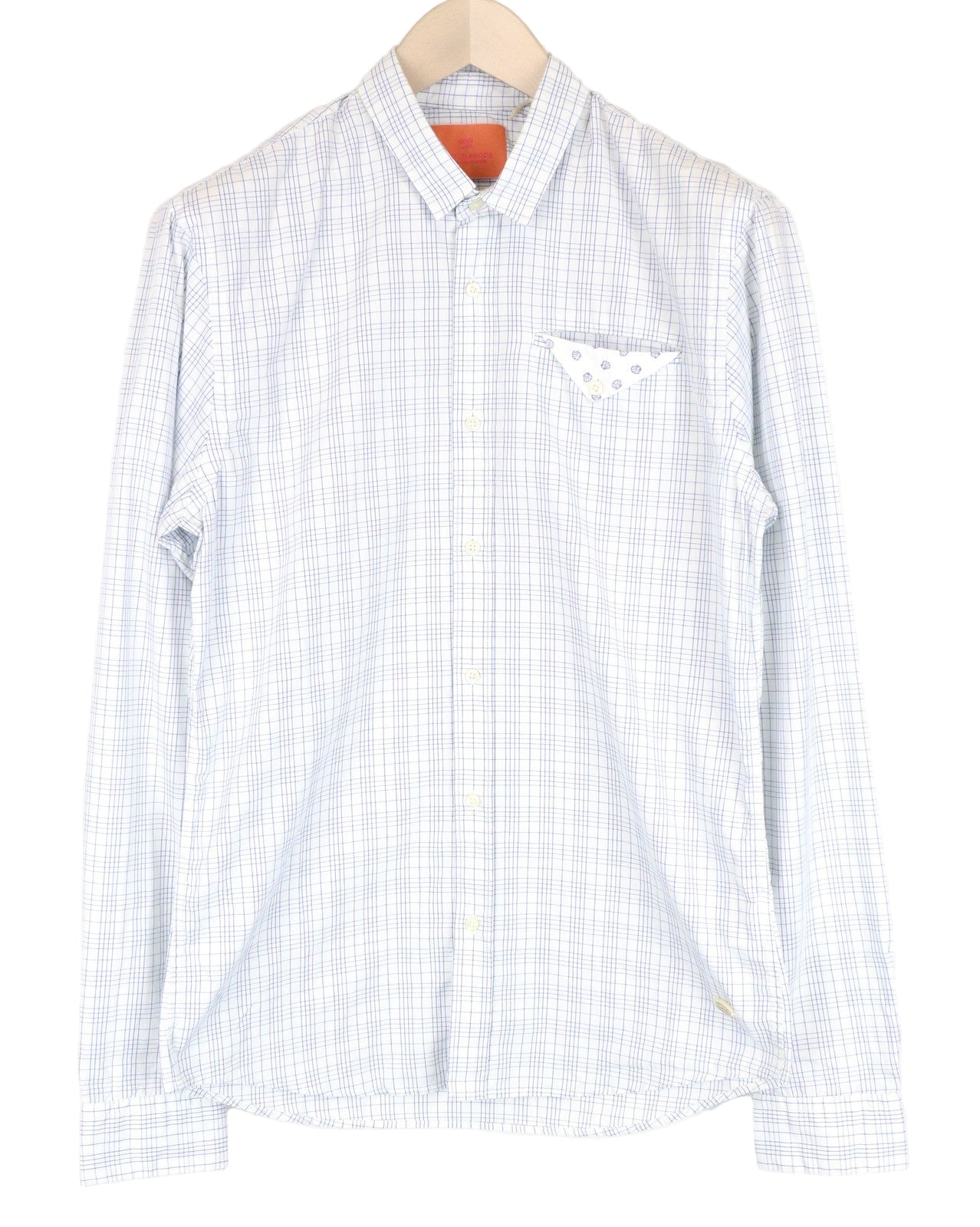 SCOTCH & SODA Men Shirt L Patch Pocket Button-Up Pure Cotton Checked Blue White