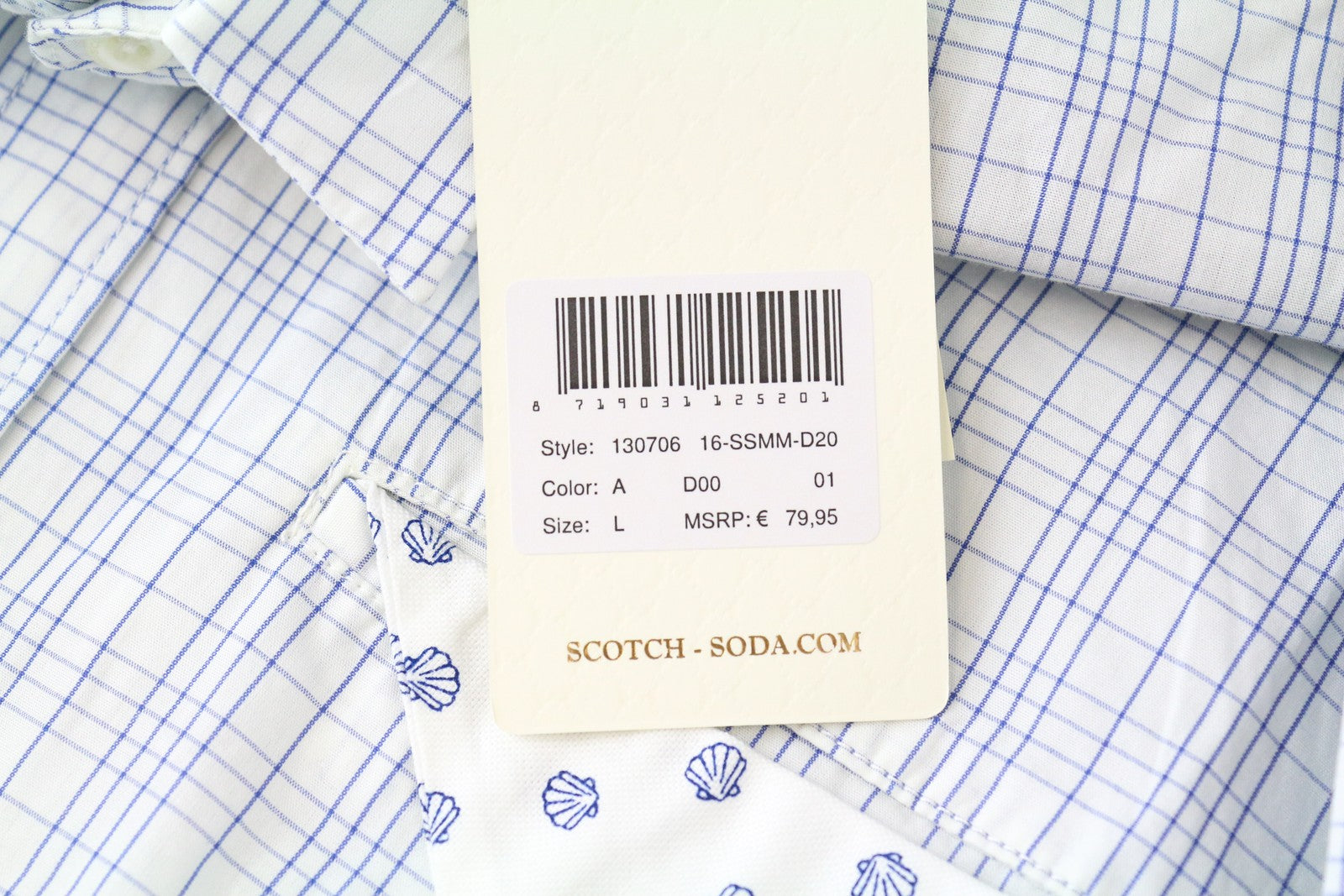 SCOTCH & SODA Men Shirt L Patch Pocket Button-Up Pure Cotton Checked Blue White