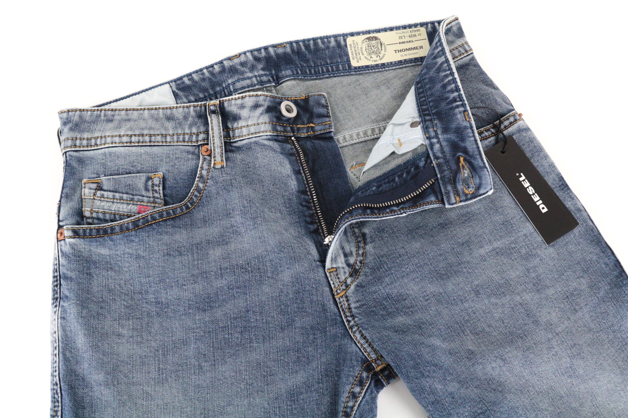 DIESEL Thommer 084UX Men Jeans W29/L33 Blue Stone Wash Slim Skinny Stain Zip Fly