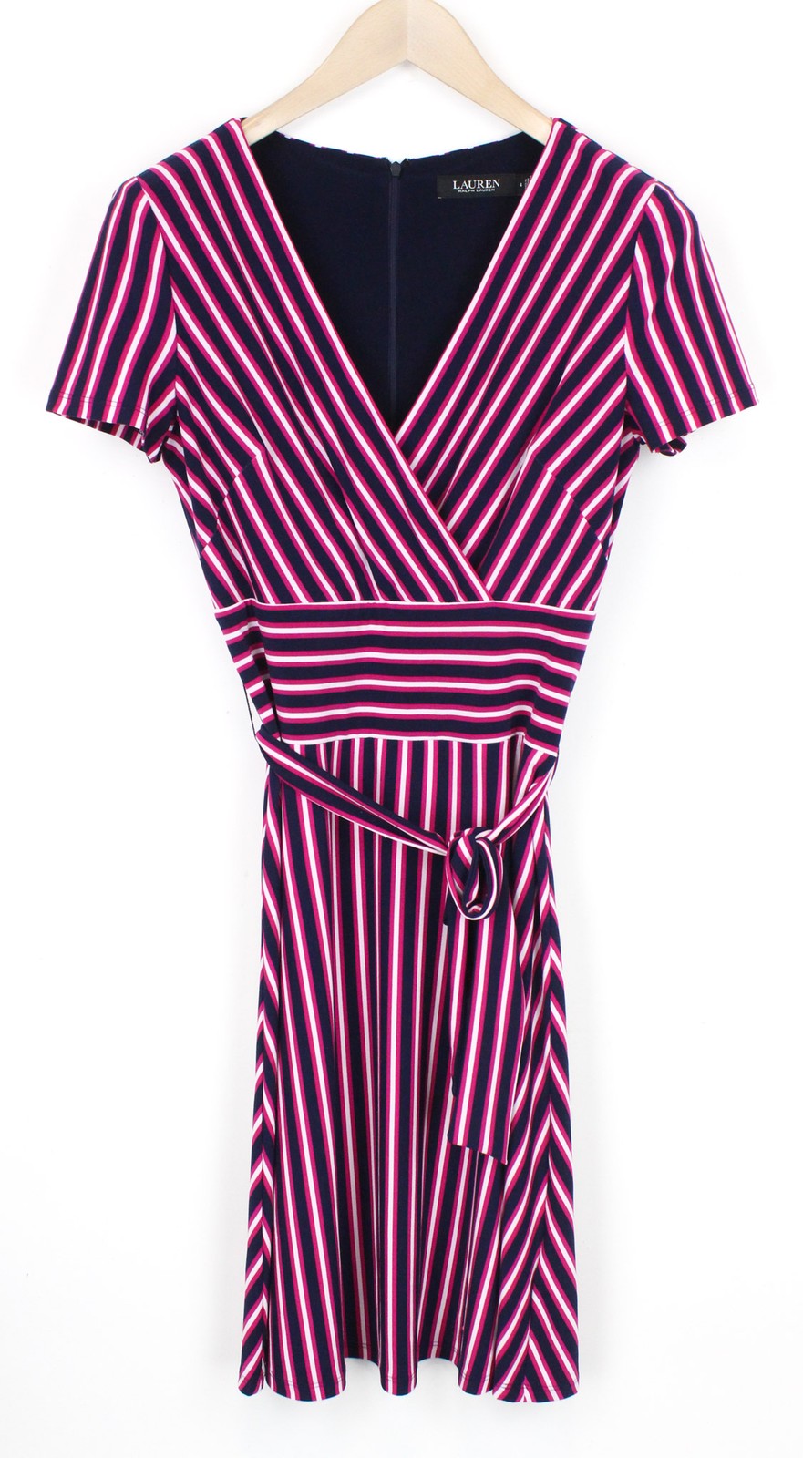 RALPH LAUREN Women Dress US4 Navy Purple Stretch Short Sleeved V-Neck Striped