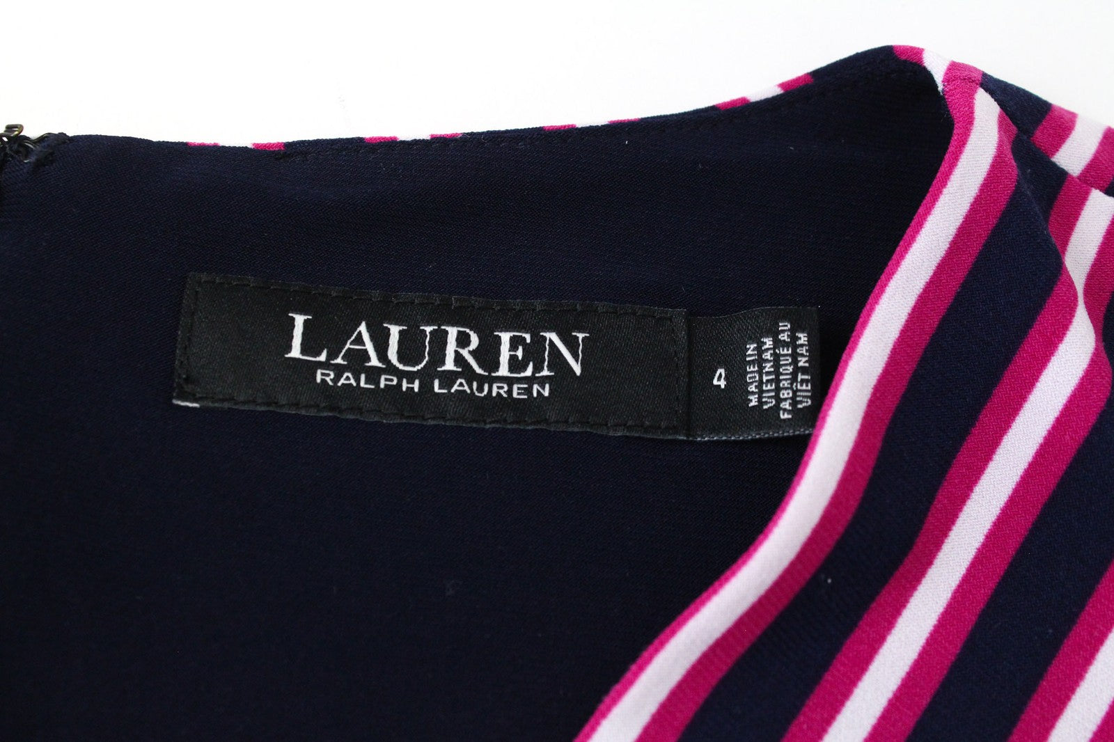 RALPH LAUREN Women Dress US4 Navy Purple Stretch Short Sleeved V-Neck Striped