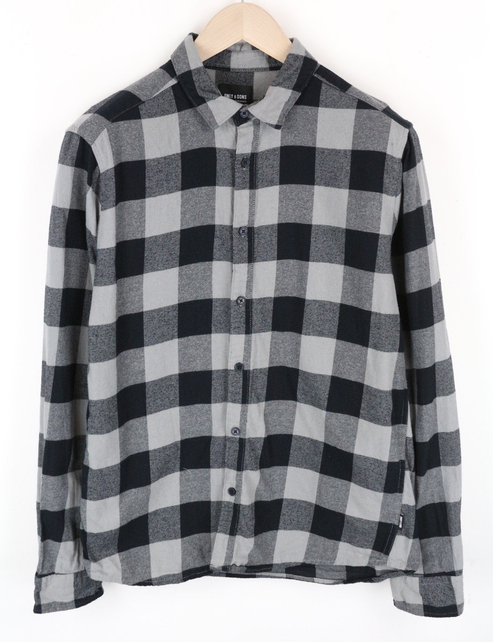 ONLY & SONS Men Shirt L Checked Grey Pure Cotton Long Sleeved Slim Fit Flannel