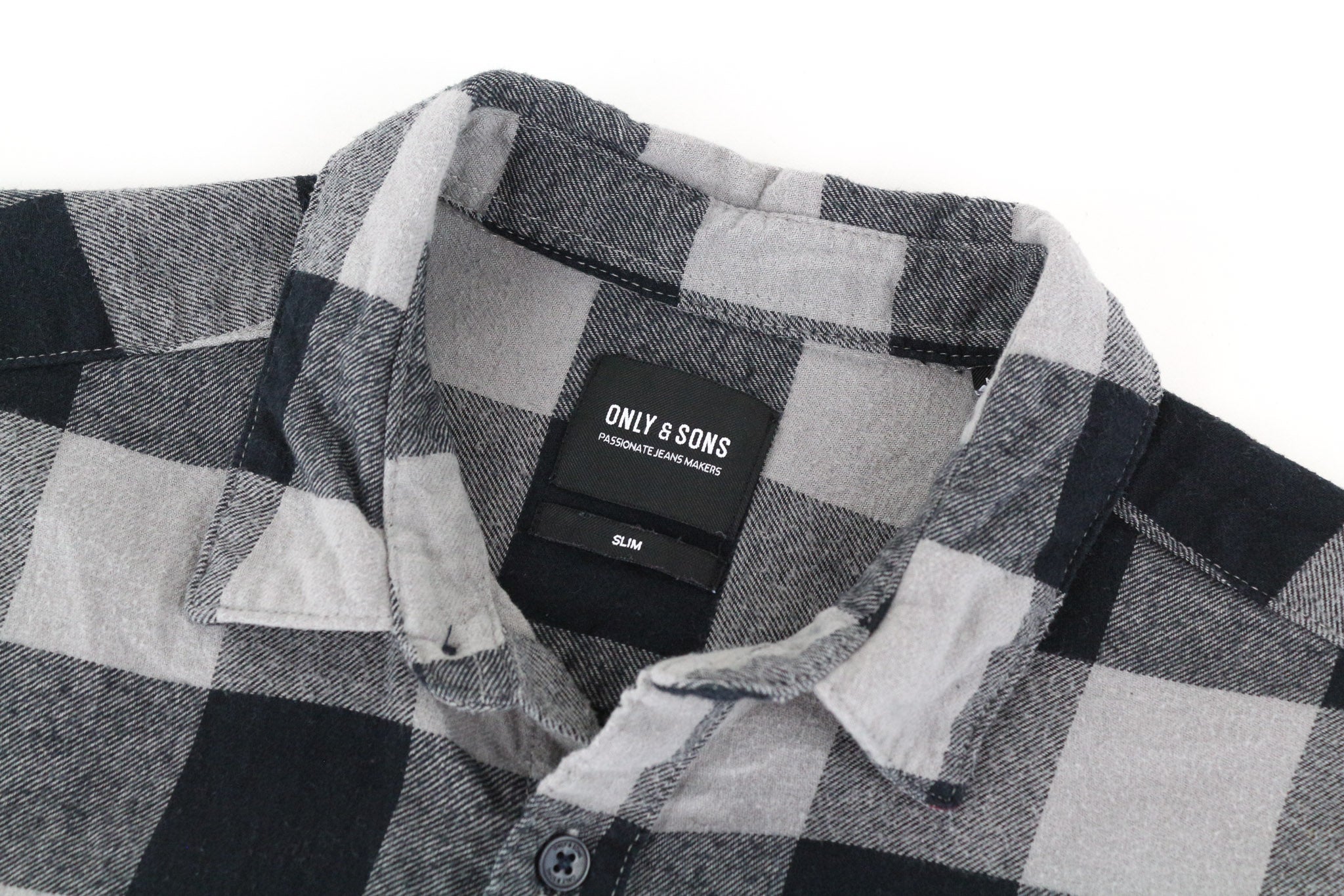 ONLY & SONS Men Shirt L Checked Grey Pure Cotton Long Sleeved Slim Fit Flannel