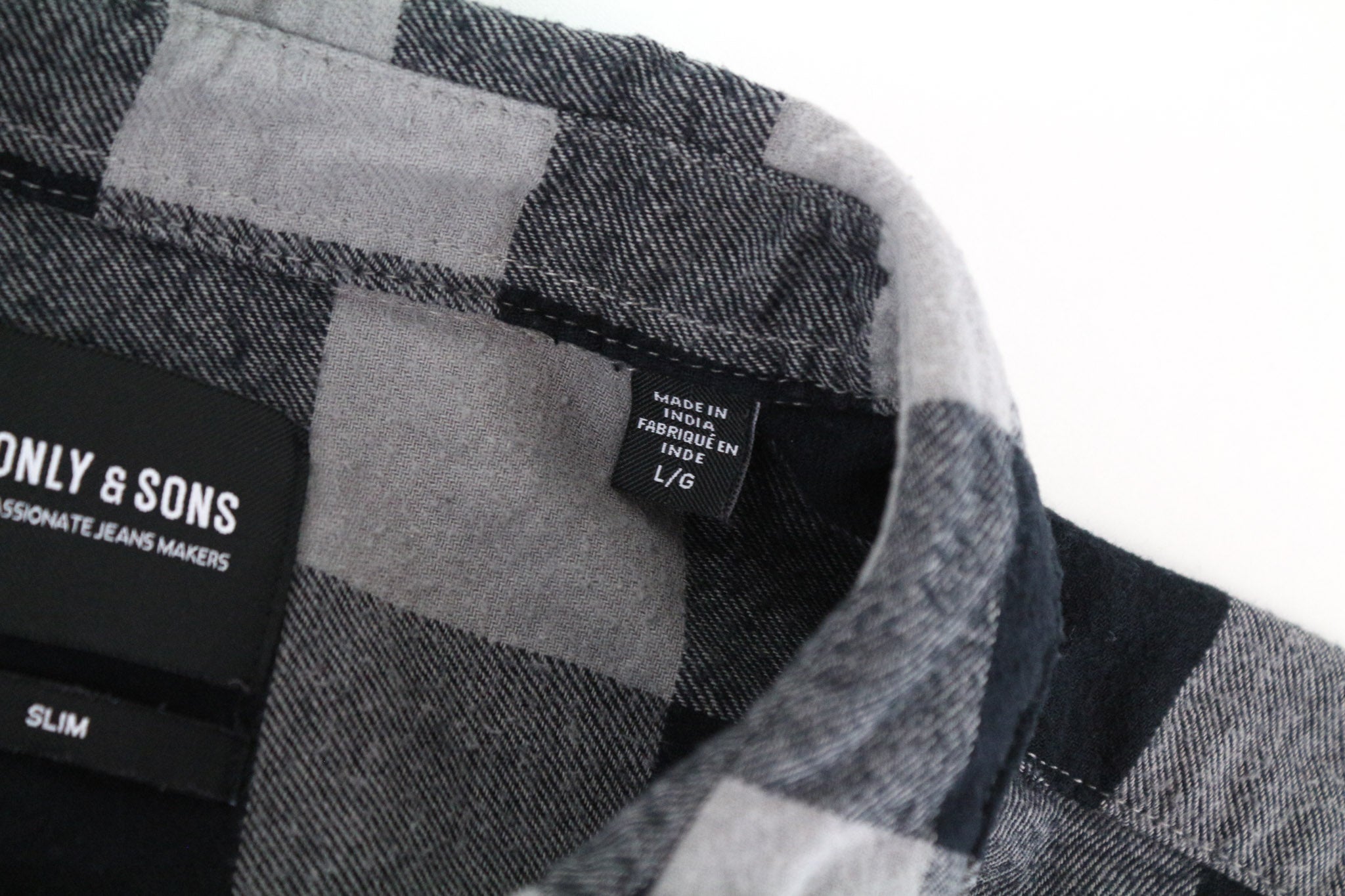 ONLY & SONS Men Shirt L Checked Grey Pure Cotton Long Sleeved Slim Fit Flannel