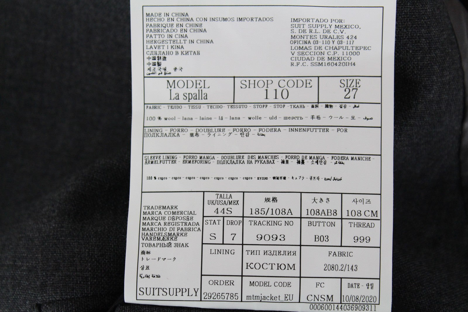 SUITSUPPLY La Spalla Men Suit UK44S Unlined Single-Breasted Grey Wool 2 Piece