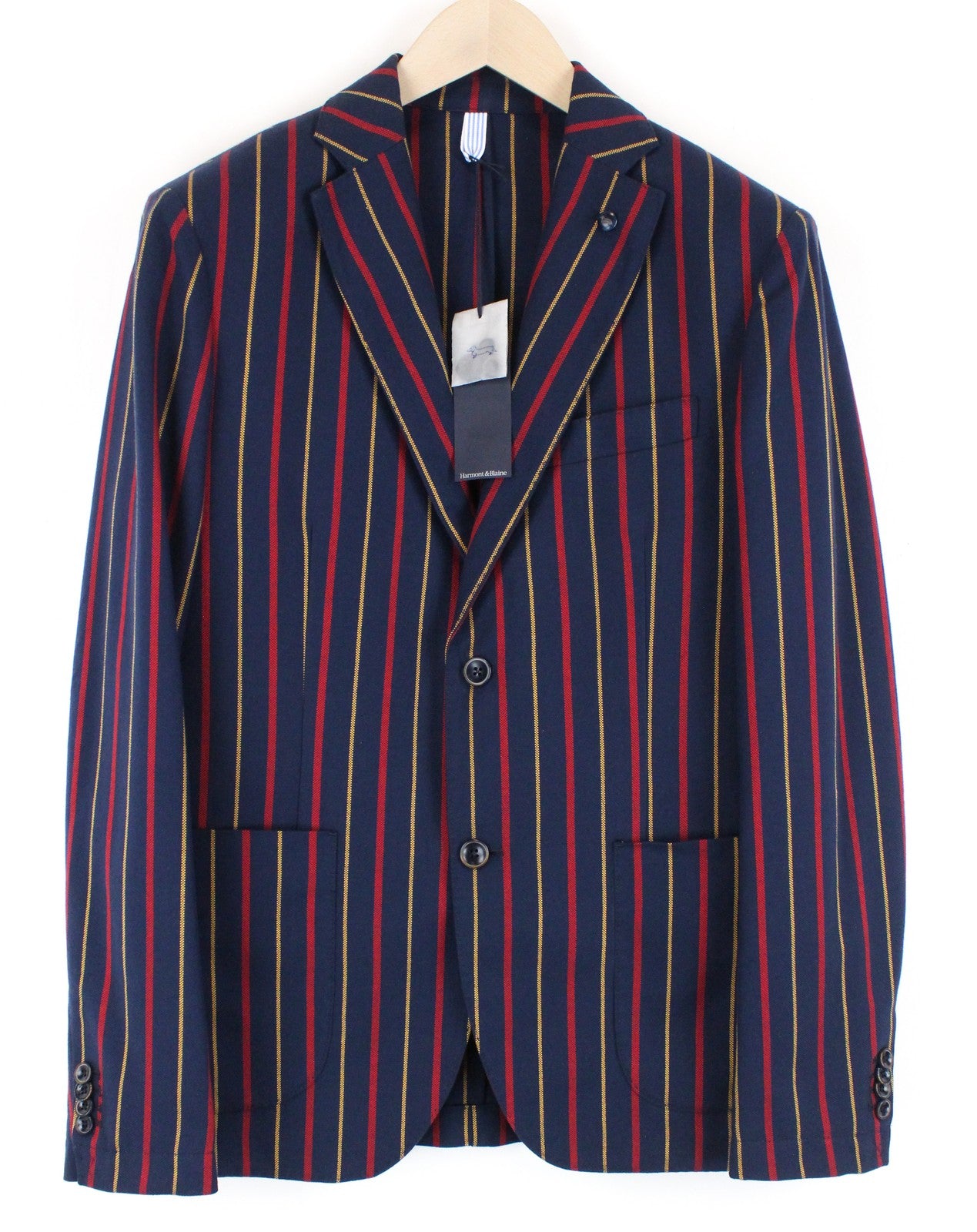 HARMONT & BLAINE Men Blazer 48 Navy Pure Cotton Striped Pattern Single-Breasted