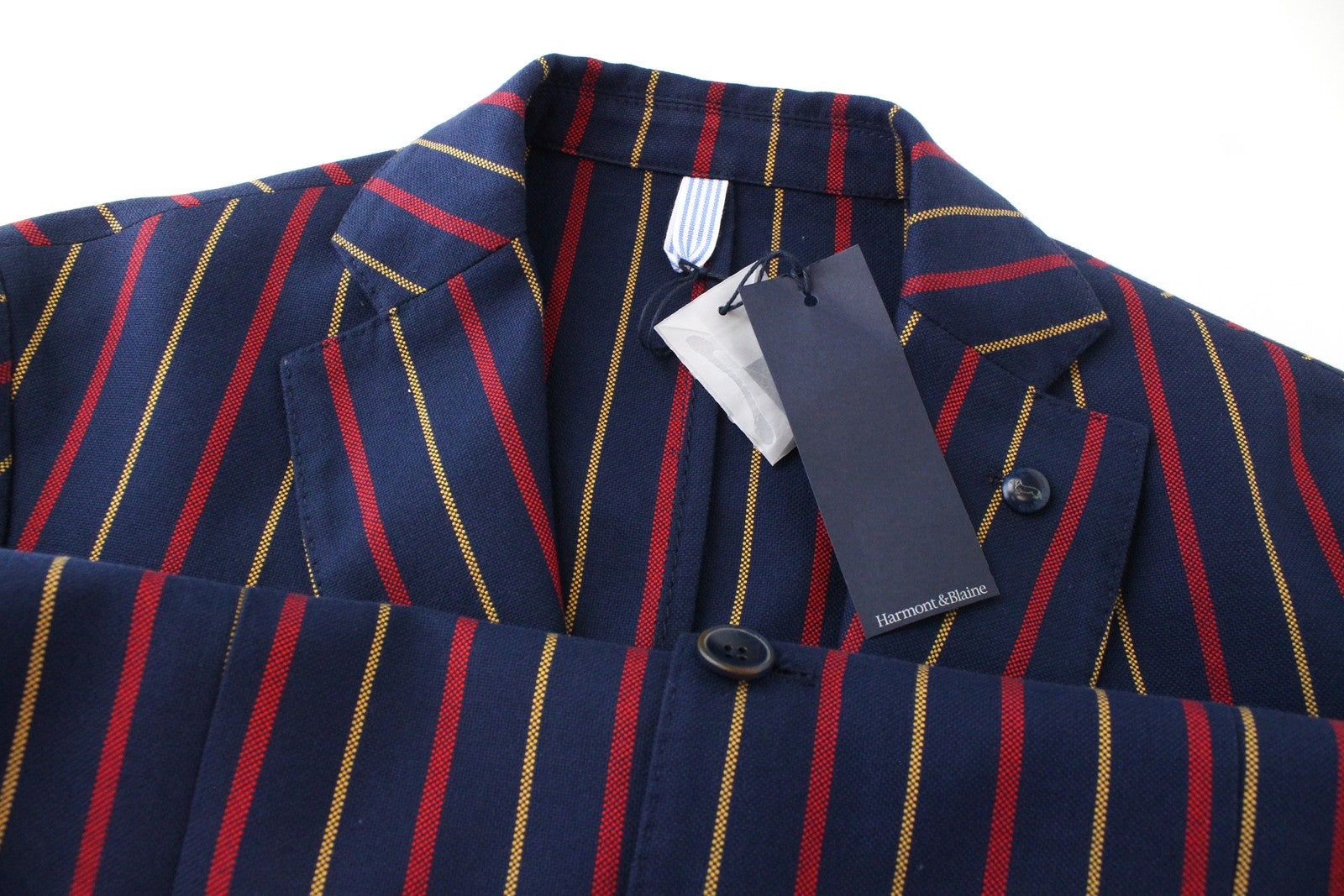 HARMONT & BLAINE Men Blazer 48 Navy Pure Cotton Striped Pattern Single-Breasted