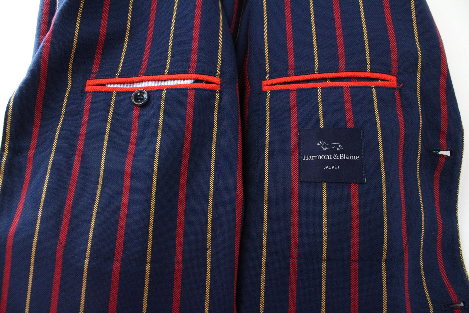 HARMONT & BLAINE Men Blazer 48 Navy Pure Cotton Striped Pattern Single-Breasted