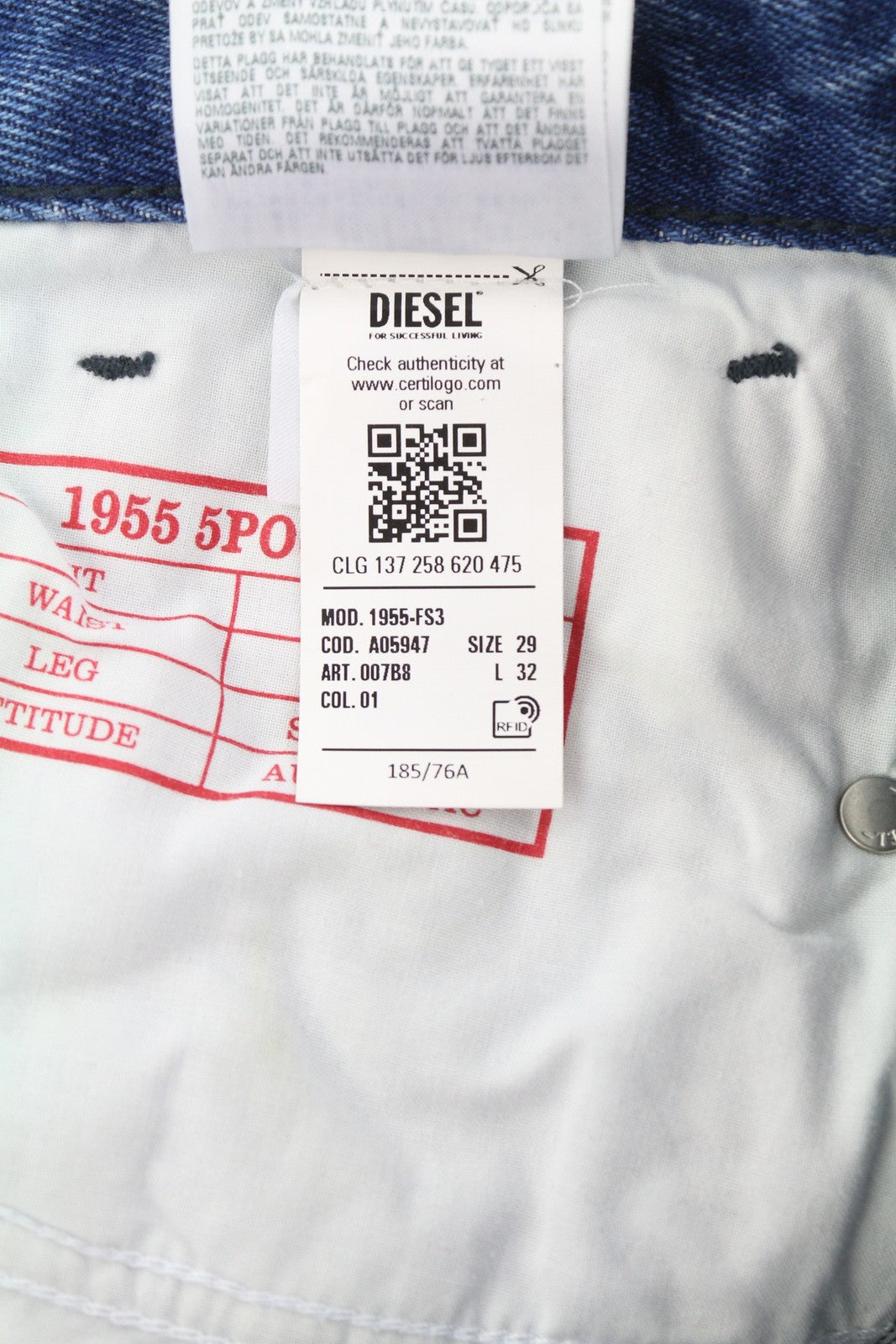 DIESEL 1955-FS3 007B8 Men Jeans W29/L32 Blue Washed Pattern Regular Straight Leg